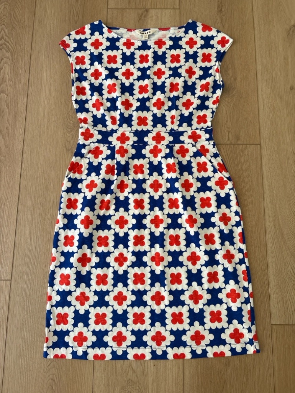 Boden Floral Shift Dress Blue Red White Cotton UK 12 US 8 Retro Mod Print